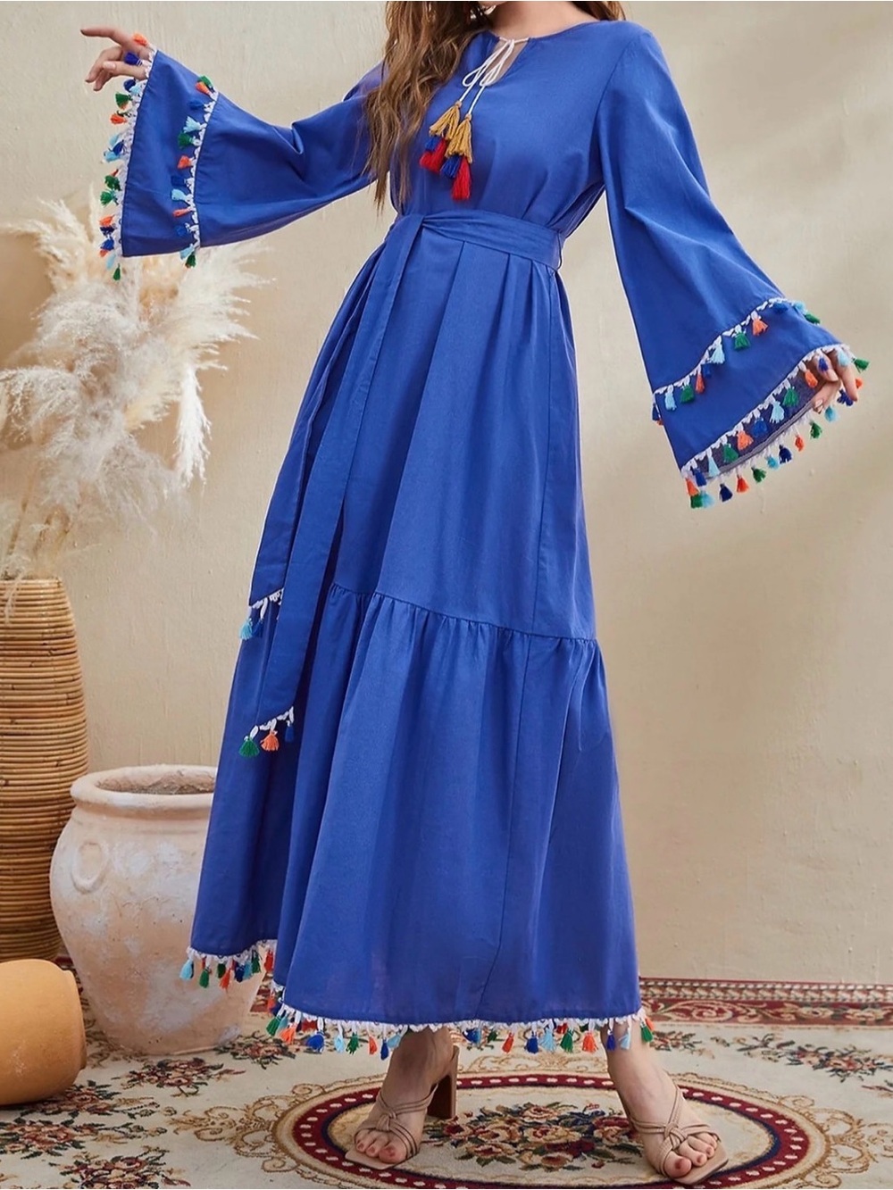 Blue Long Sleeve Tassel Maxi Dress